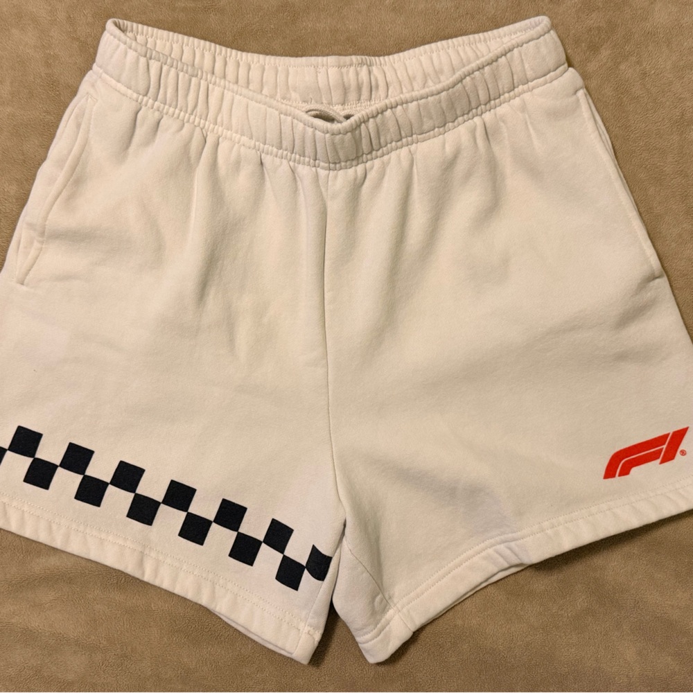F1 Men's Athletic Shorts in Cream with Checker Accent
